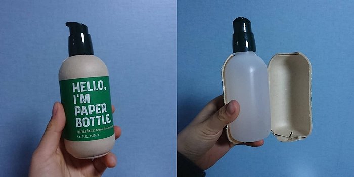 悦诗风吟的一款绿茶精华号称使用纸质包装,但其实使用了用纸包裹的塑料瓶 图片来源:Facebook