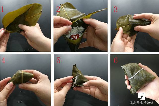 三角粽包法1,取一片宽大的粽叶向内卷2,在卷好的筒中放入糯米3,上部的