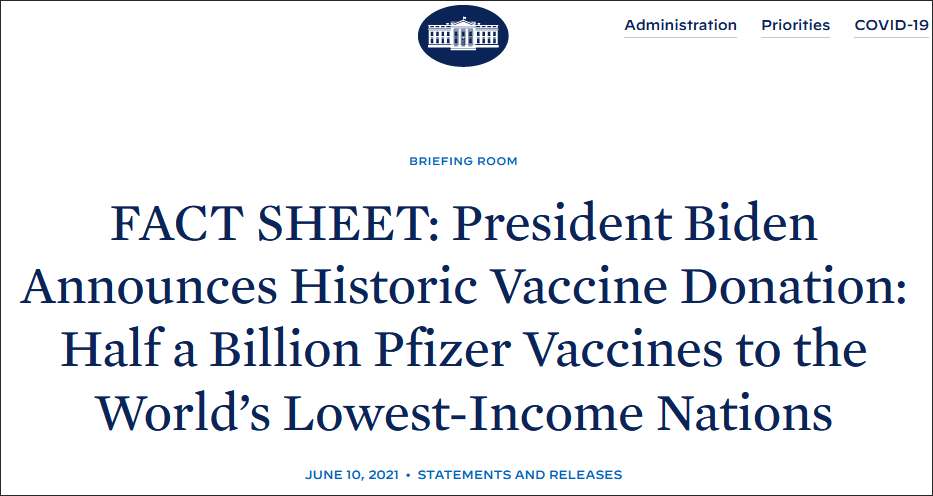 美国宣布捐赠疫苗声明截图