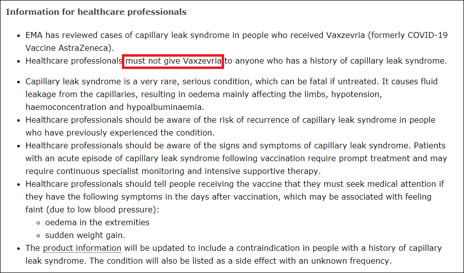 “医疗保健服务人员不得向毛细血管渗漏综合症既往病史群体提供Vaxzevria”