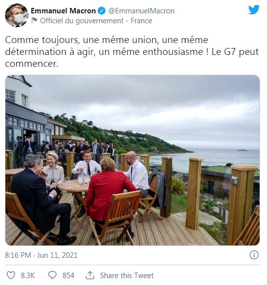法国总统马克龙发布的G7峰会会场外照片。图片来源：马克龙社交媒体账户截图