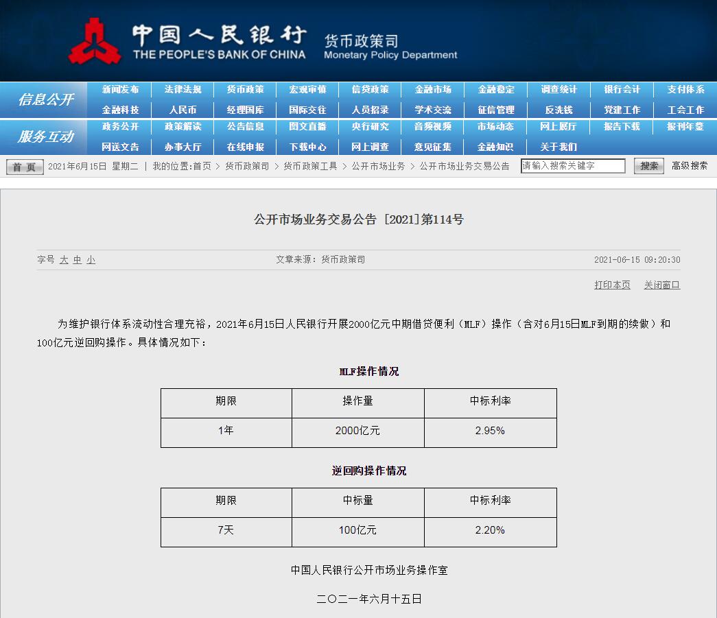 央行等量续作2000亿MLF 专家：释放保持资金面平稳信号