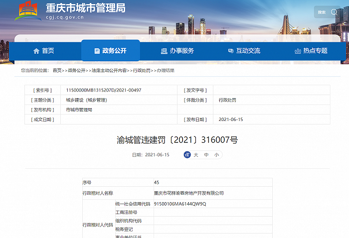 未取得许可证擅自建设，花样年首个重庆项目被罚