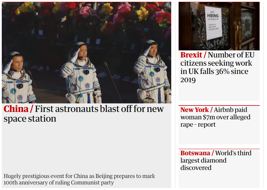 英国《卫报》报道中国神舟十二号载人飞船发射任务。/《卫报》网站截图