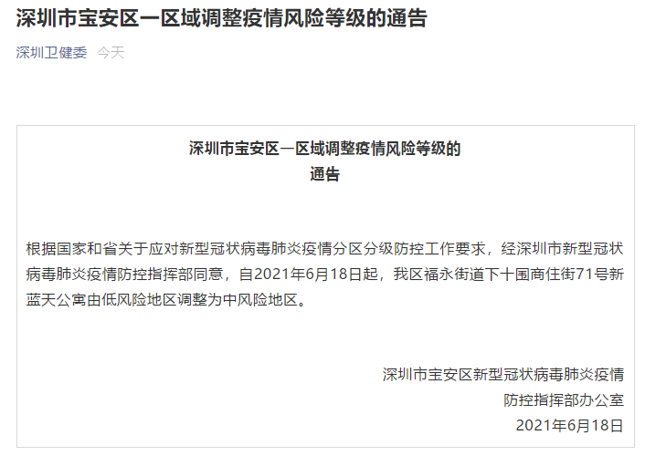 深圳市宝安区一区域调整为中风险地区