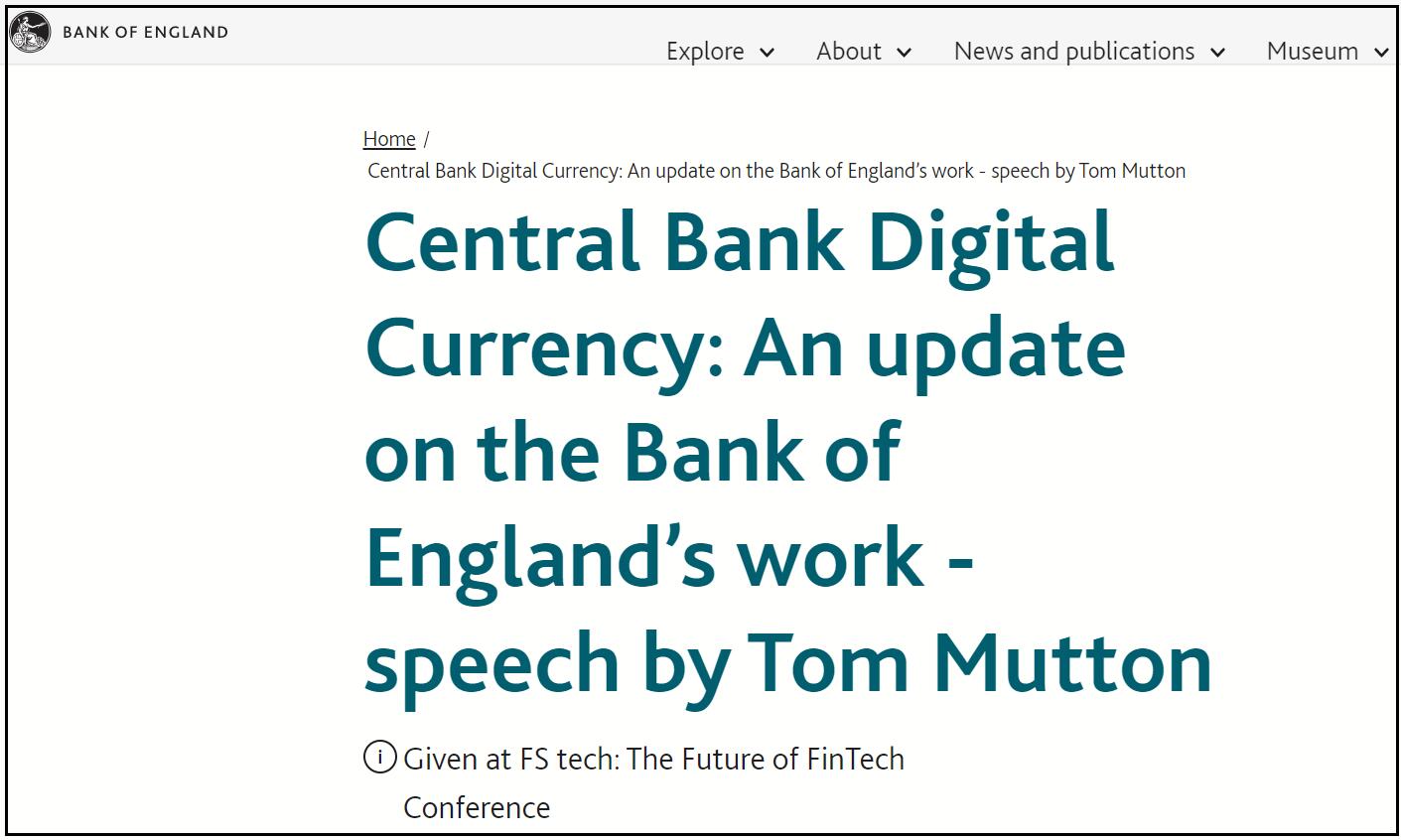 “数字英镑”尚未发行，英国央行金融技术总监：效率高出比特币上万倍