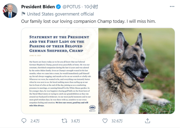 拜登爱犬、白宫“第一宠物”离世，曾陪伴拜登一家13年