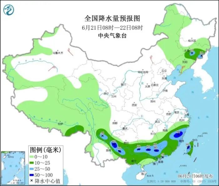 全国降水量预报图(6月21日08时-22日08时)