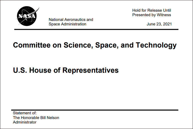 尼尔森请求国会增加NASA预算，演讲稿截图