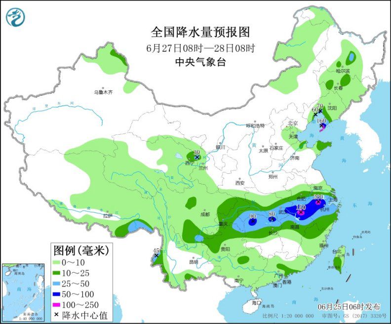 National precipitation forecast map (from 8:00 on June 27th to 8:00 on June 28th)