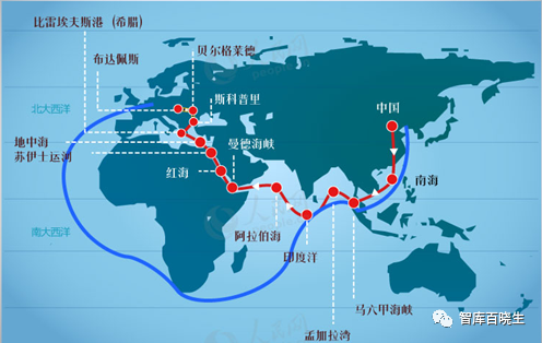 下面这张图中标蓝色的海运路线,传统的航线要经过马六甲海峡,孟加拉湾