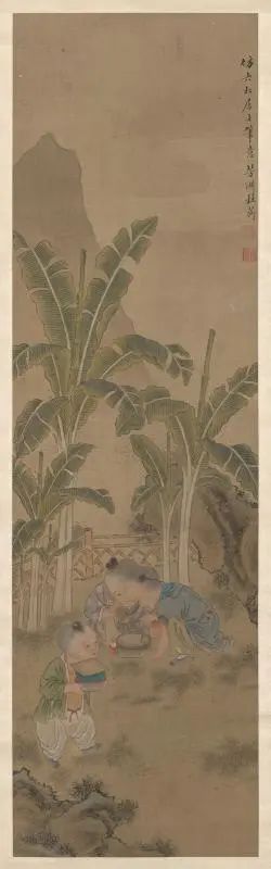 杜蘅，《仿唐寅庭院戏蟋蟀图》，清中晚期（1775-1825），立轴，纸本设色