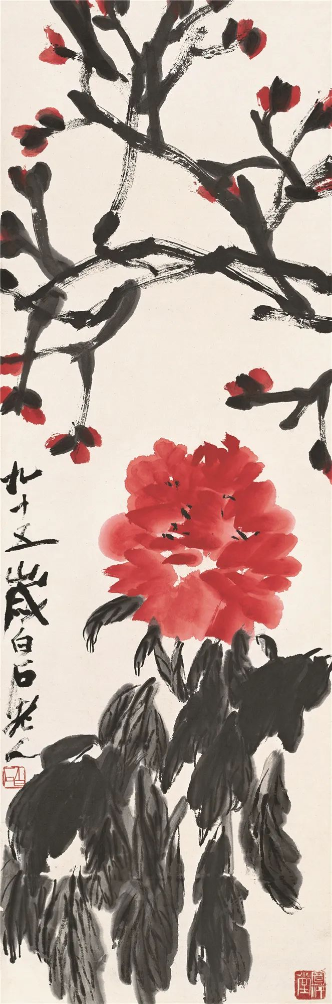 齐白石《牡丹》103.5×34cm纸本设色1955年北京画院藏