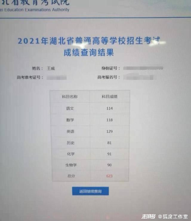 王威的高考成绩。图片来源：上游新闻