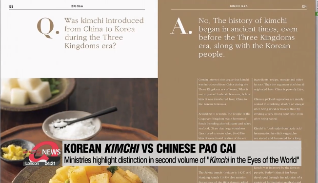 “韩国泡菜与中国泡菜之比较”，阿里郎电视视频报道截图。