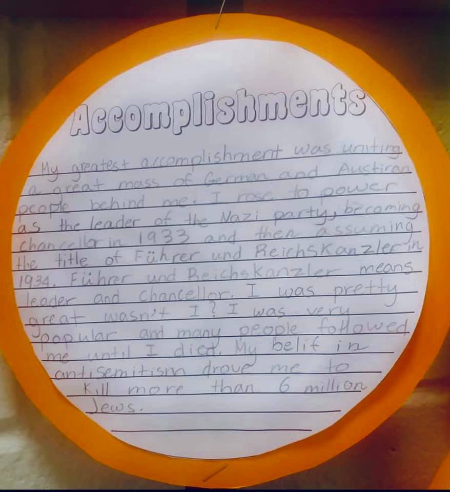美国五年级学生写下赞美希特勒“成就”的文章