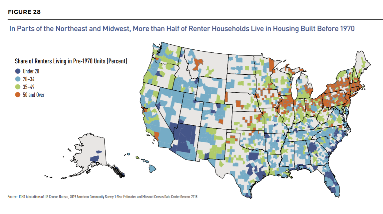 美国东北和中西部某些地区，超过半数租房者居住在1970年之前建成的房屋中。图中红色代表居住在1970年之前建筑中的租住者。图片来自《美国住房状况报告2021》