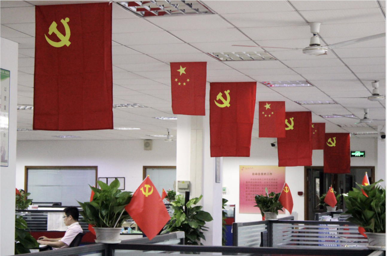 "办公大厅,生产车间我们统一更新,布置了党旗,壁纸,党员先锋岗等标识.
