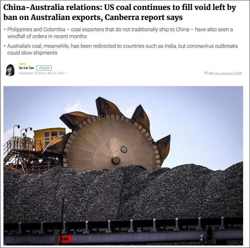 《南华早报》援引澳大利亚工业部报告称：美国煤炭正持续填补澳大利亚留下的空缺