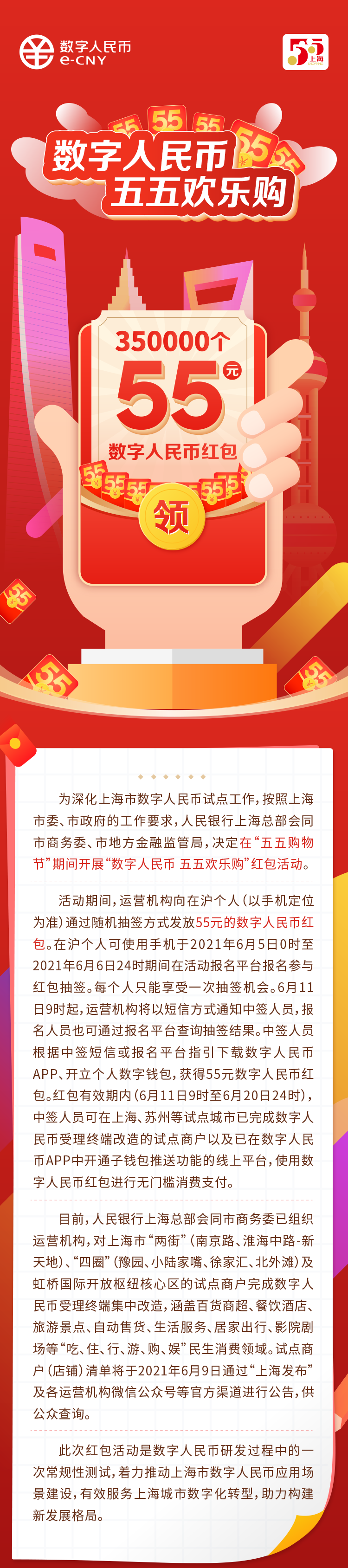 上海35万份数字人民币红包来了，每份55元！