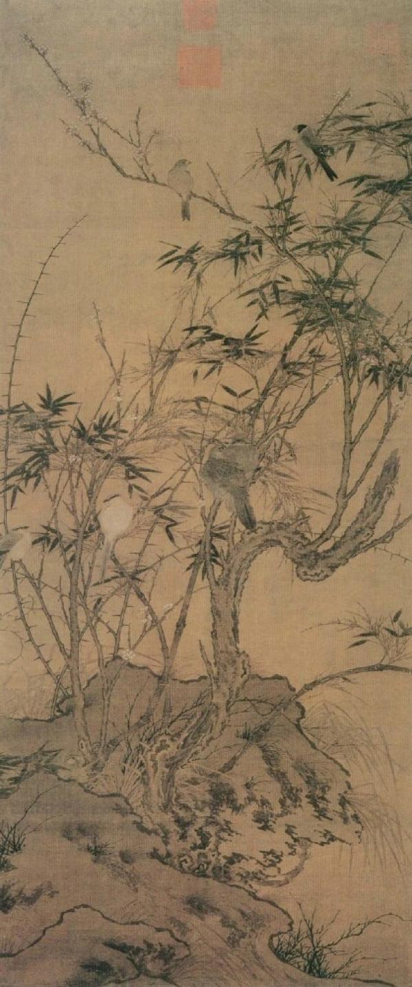 《梅竹聚禽图》。 图片来源：台北故宫博物院