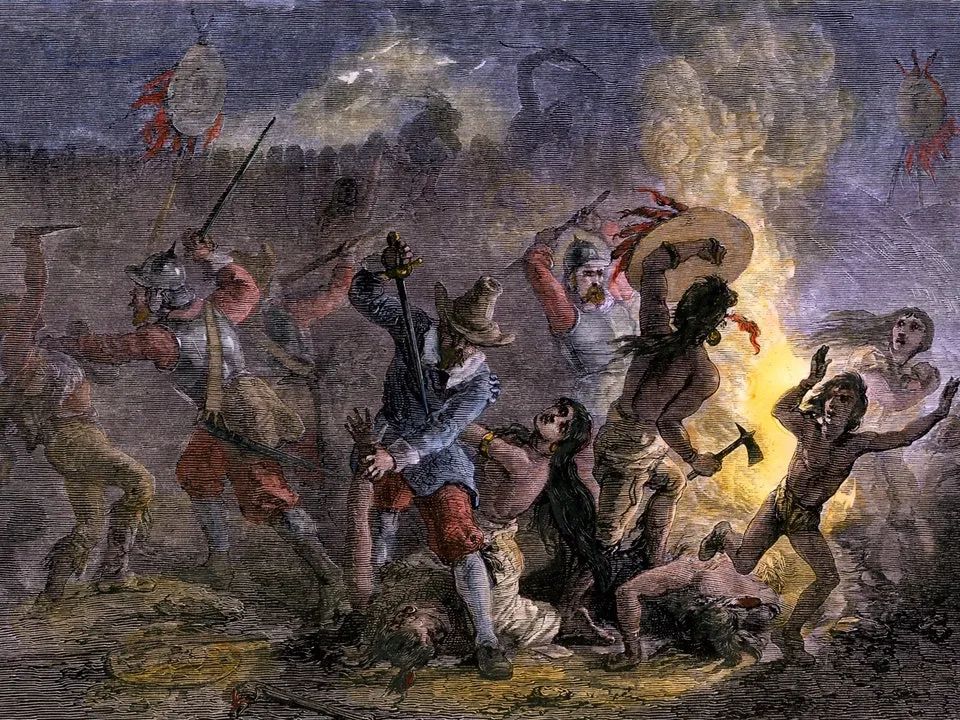 1637年，白人殖民者屠杀印第安人。图源：外媒
