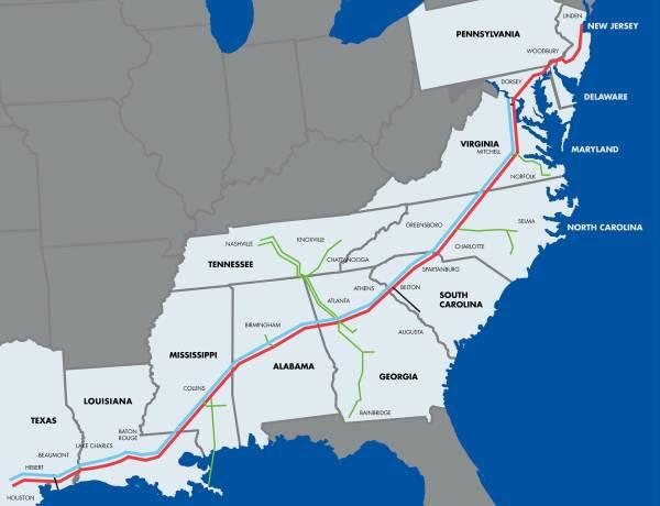 Colonial Pipeline输油管道（红蓝为主线） 图自：公司主页
