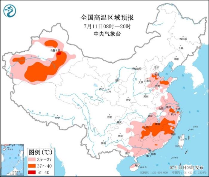 全国高温区域预报。来源：中国天气网