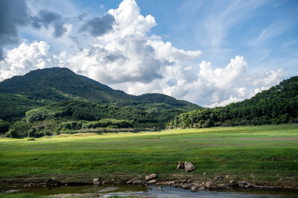 海南牛路岭水库水位下降现草原景观
