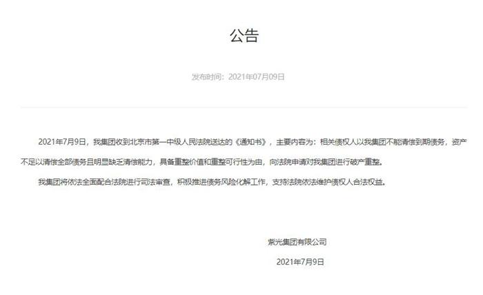 紫光集团公告。紫光集团官网截图