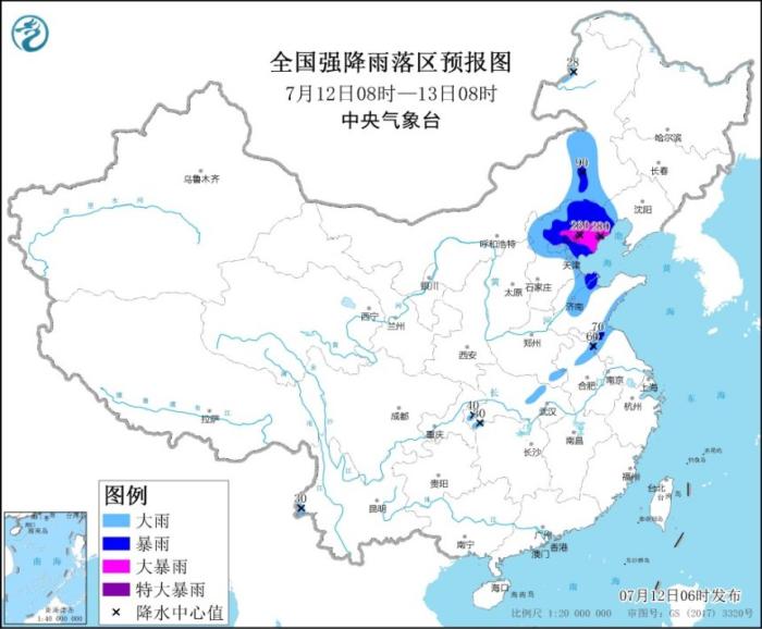 全国强降雨落区预报图。(7月12日8时-13日8时)来源：中国天气网