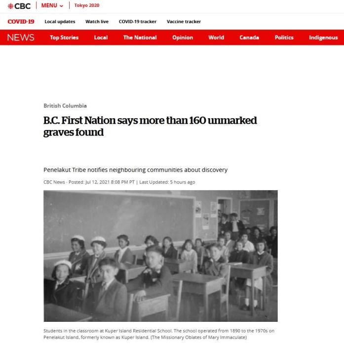 加拿大原住民部族称再发现160多处无标记坟墓。图片来源:加拿大广播公司报道截图