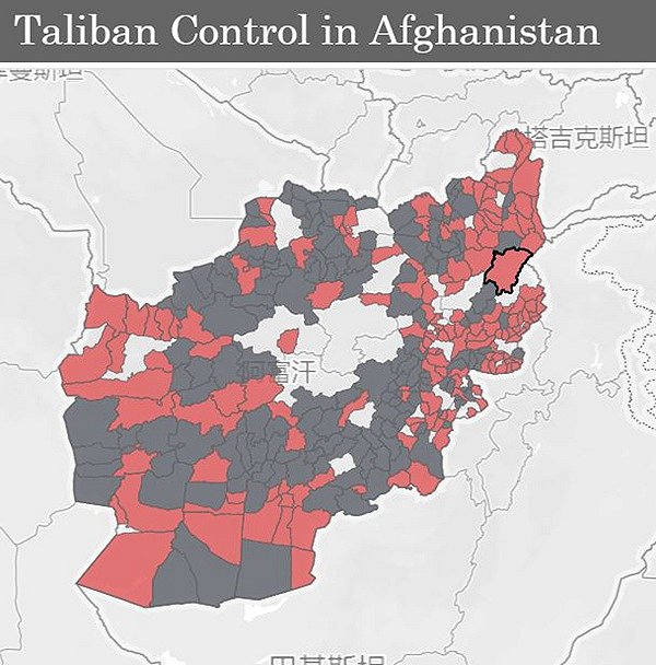 深灰色为塔利班控制区，浅灰色为政府控制区，红为争夺地区。图片来源：长期战争杂志