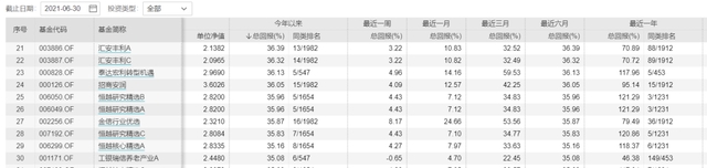 图：上半年主动权益基金业绩前30名，来源：Wind