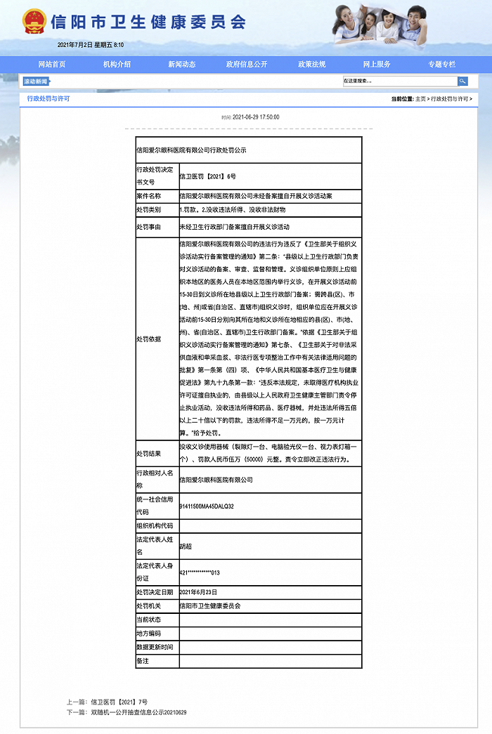 信阳爱尔眼科医院因擅自开展义诊活动被行政处罚