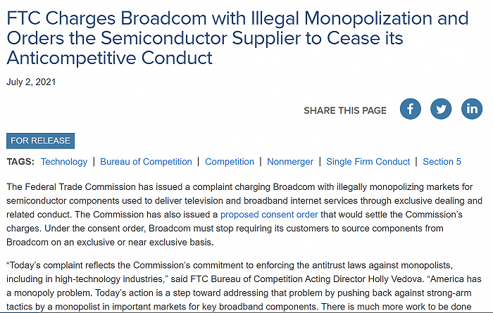 FTC起诉博通非法垄断半导体元器件市场 要求停止“独占”条款