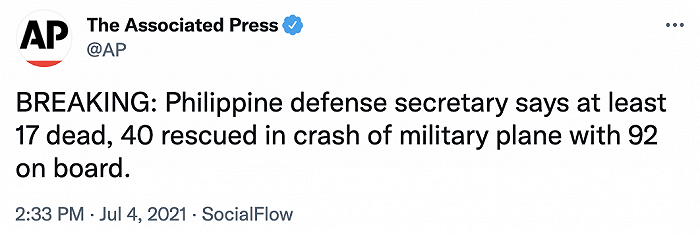 菲律宾国防部长：坠毁军机载有92人，已至少造成17人死亡