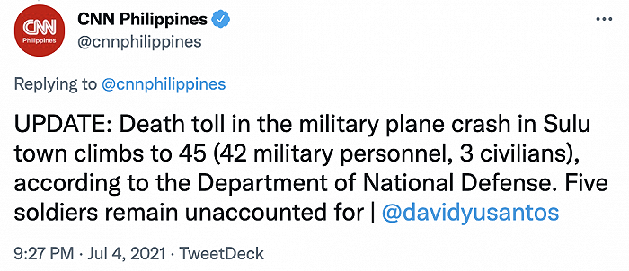 菲律宾军机坠毁事故死亡人数上升至45人