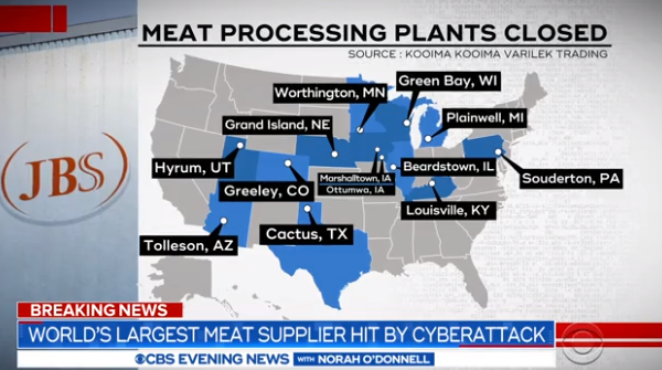 JBS SA公司遭受网络攻击导致美国多家肉类加工厂关闭 美媒CBS视频截图