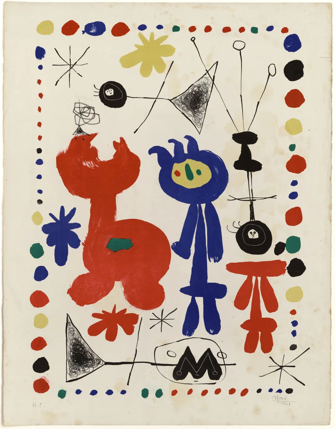 米罗,《人物和鸟》1948 石版画(浦东美术馆供图)除了米罗的作品之外