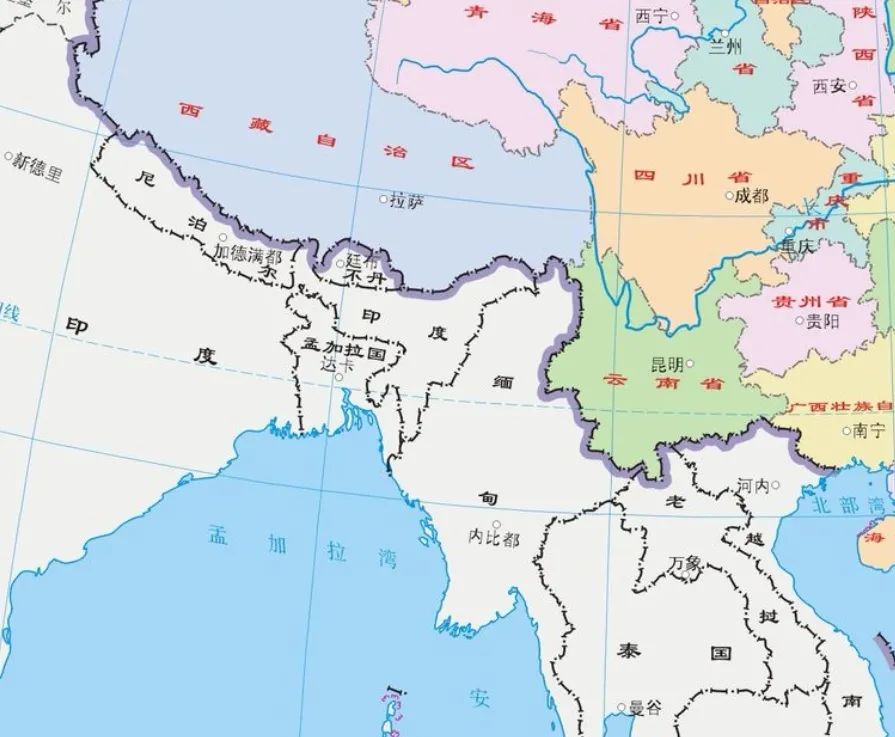 让我们来看看中国西南边境的地图.实则不然.