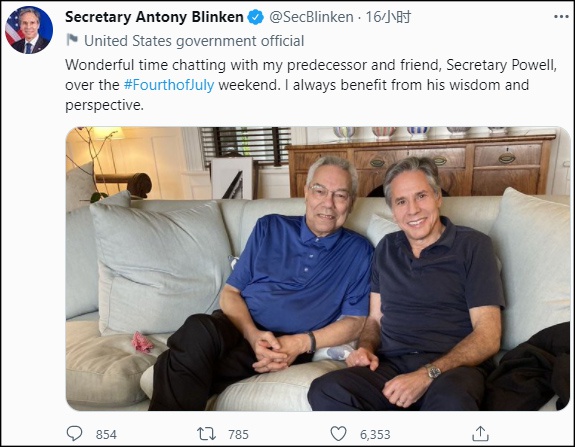 正文  当地时间7月8日,布林肯发推称,他于上周末