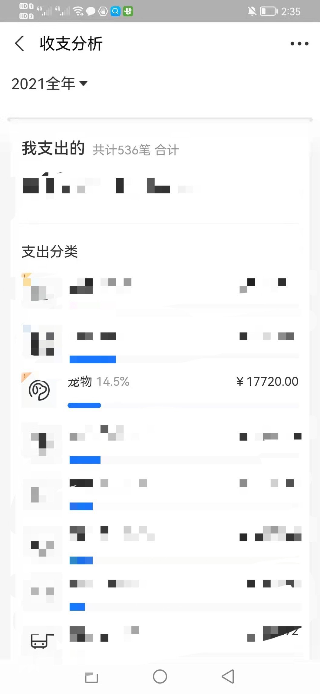 微信的好像没有做分类,只能看到支付宝的,步骤是:我的-账单-概览-年
