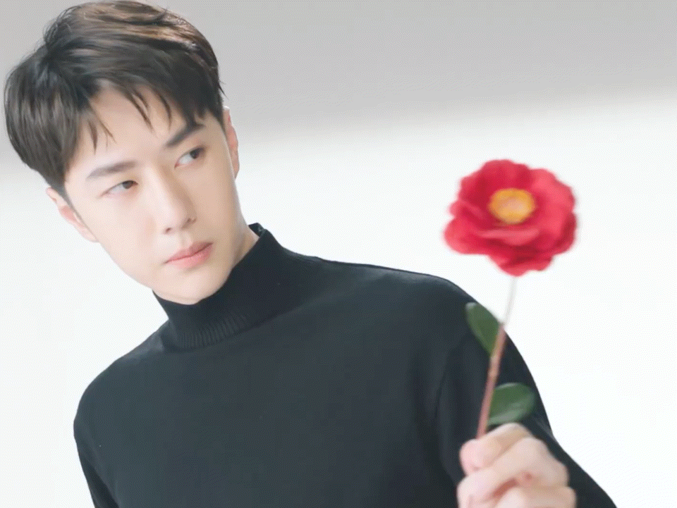 王一博chanel身穿简单黑色高领手拿红色山茶花