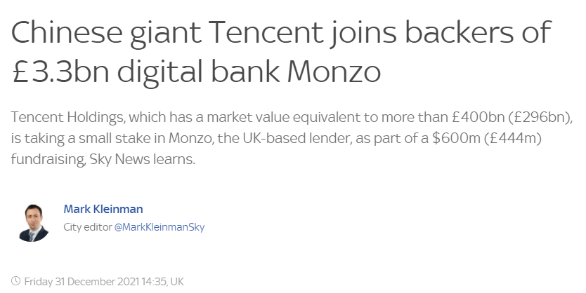 盯上英国反垄断生意？腾讯投资英国挑战者银行Monzo