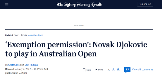 《悉尼先驱晨报》：（带着）“豁免许可”——诺瓦克·德约科维奇将参加澳网公开赛