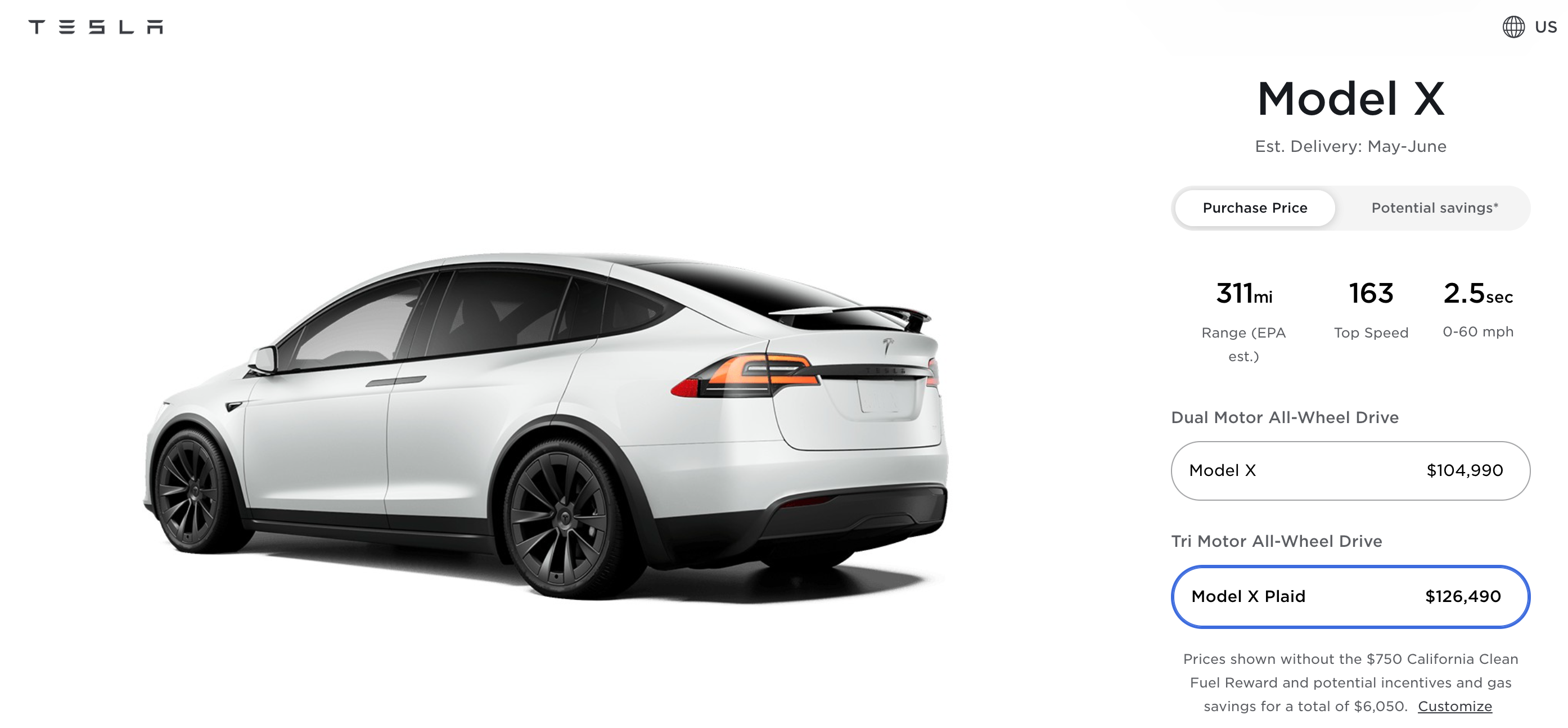 特斯拉美国model x plaid起价升至126490美元__财经头条