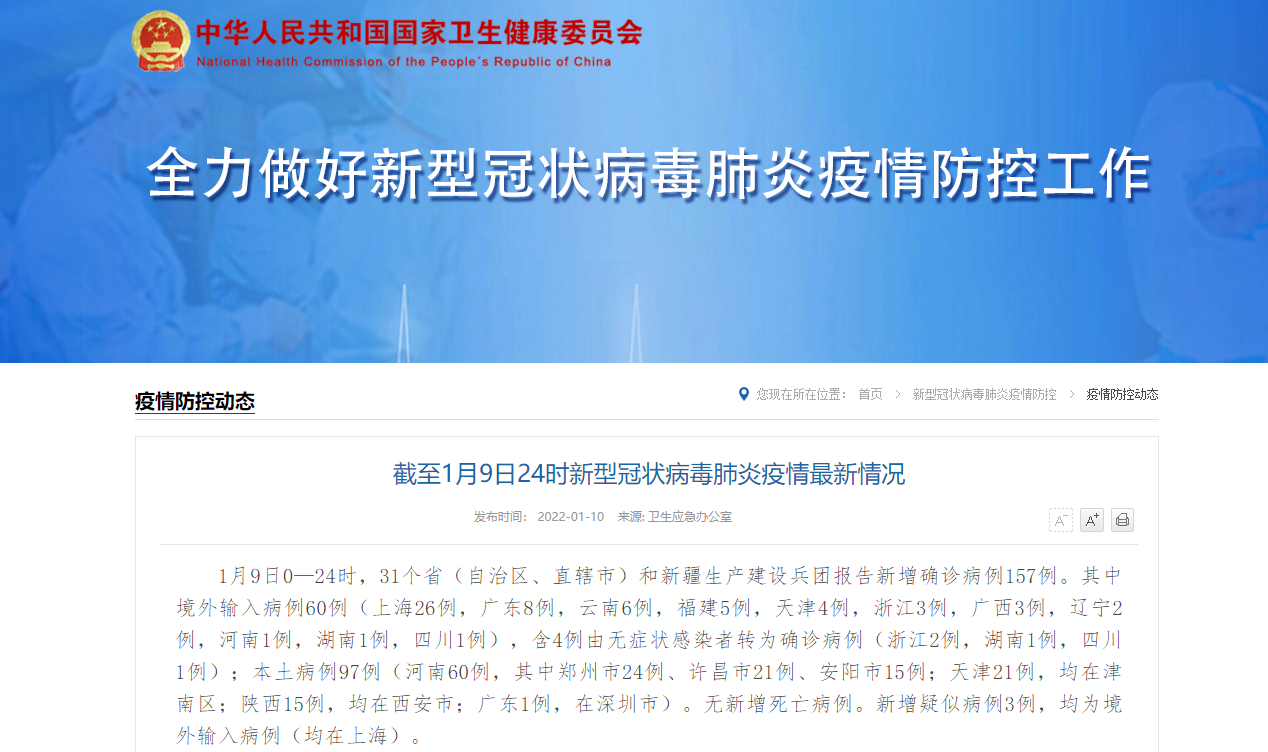 1月9日新增157例，其中河南60例、天津21例休闲区蓝鸢梦想 - Www.slyday.coM
