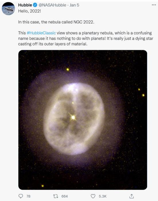 NASA哈勃团队发布2022年首图：行星状星云NGC 2022