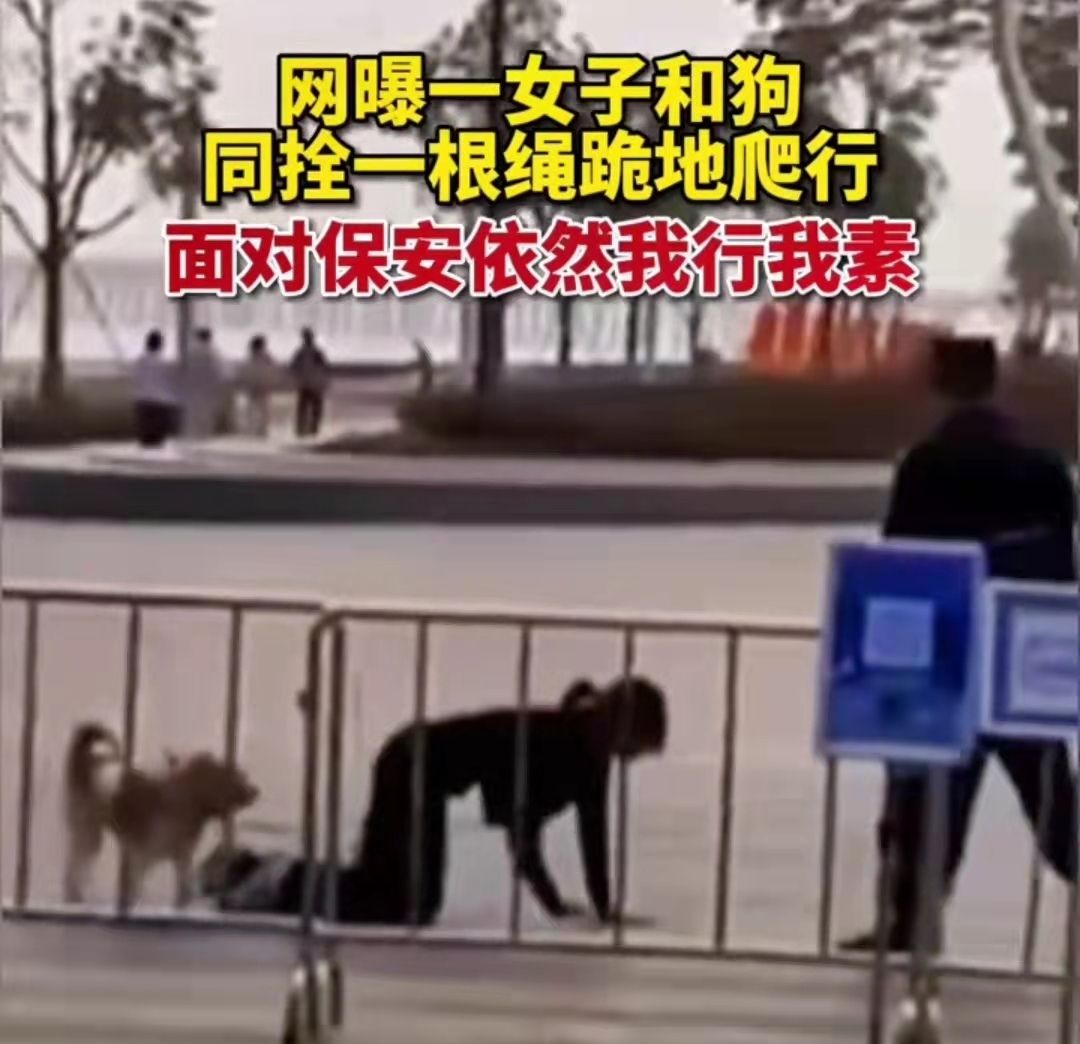 广东：女子脖子上拴着狗绳，跪在地上与爱犬一起在马路上爬行休闲区蓝鸢梦想 - Www.slyday.coM